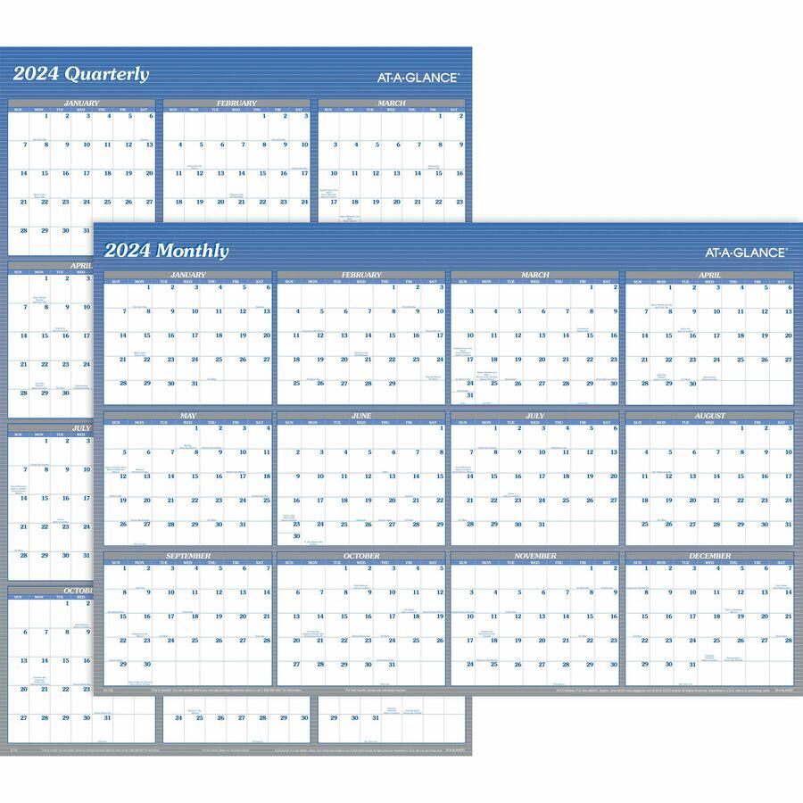 At-A-Glance Vertical Horizontal Reversible Erasable Wall Calendar - Extra Large Size - Yearly - 12 Month - January 2024 - December 2024 - 48" x 32" White Sheet - Blue - Laminate - Erasable, Reversible. Picture 4