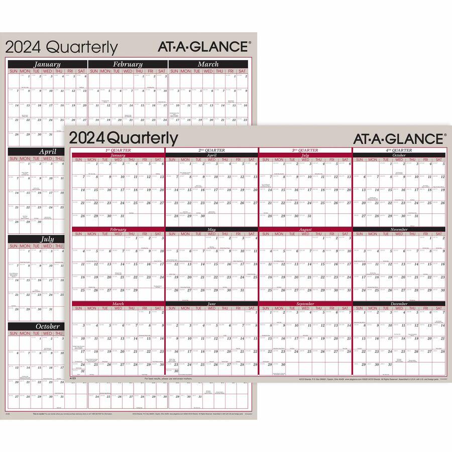 At-A-Glance Vertical Horizontal Reversible Erasable Quarterly Wall Calendar - Large Size - Julian Dates - Yearly, Quarterly - 12 Month - January 2024 - December 2024 - 24" x 36" White Sheet - 1" x 1.3. Picture 2