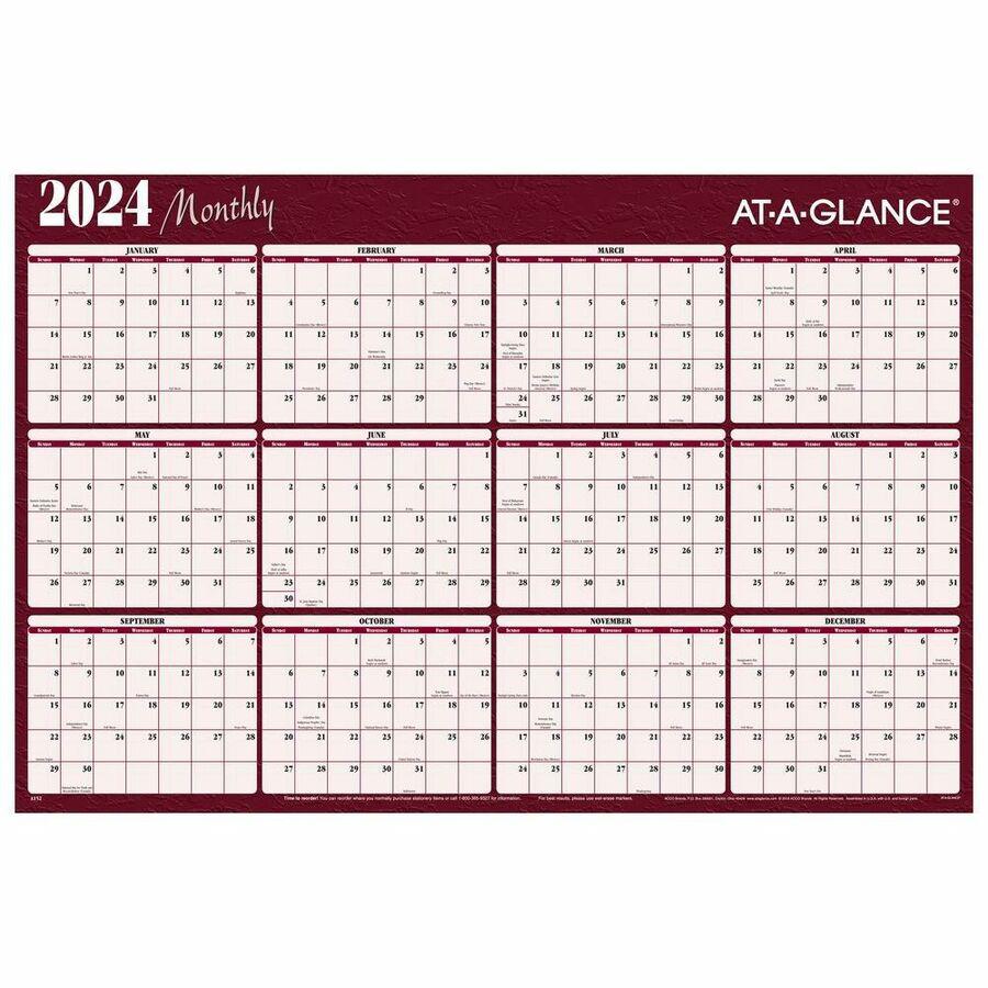 At-A-Glance Horizontal Reversible Erasable Wall Calendar - Extra Large Size - Yearly - 12 Month - January 2024 - December 2024 - 48" x 32" White Sheet - 1.63" x 1.50" Block - Burgundy - Laminate - Era. Picture 2