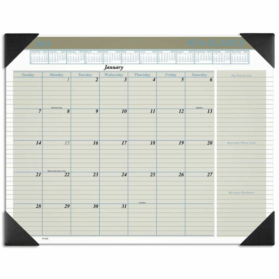 At-A-Glance Executive Desk Pad - Standard Size - Monthly - 12 Month - January 2024 - December 2024 - 1 Month Single Page Layout - 21 3/4" x 17" White Sheet - 2.31" x 2.56" Block - Desk Pad - Tan - Pol. Picture 2