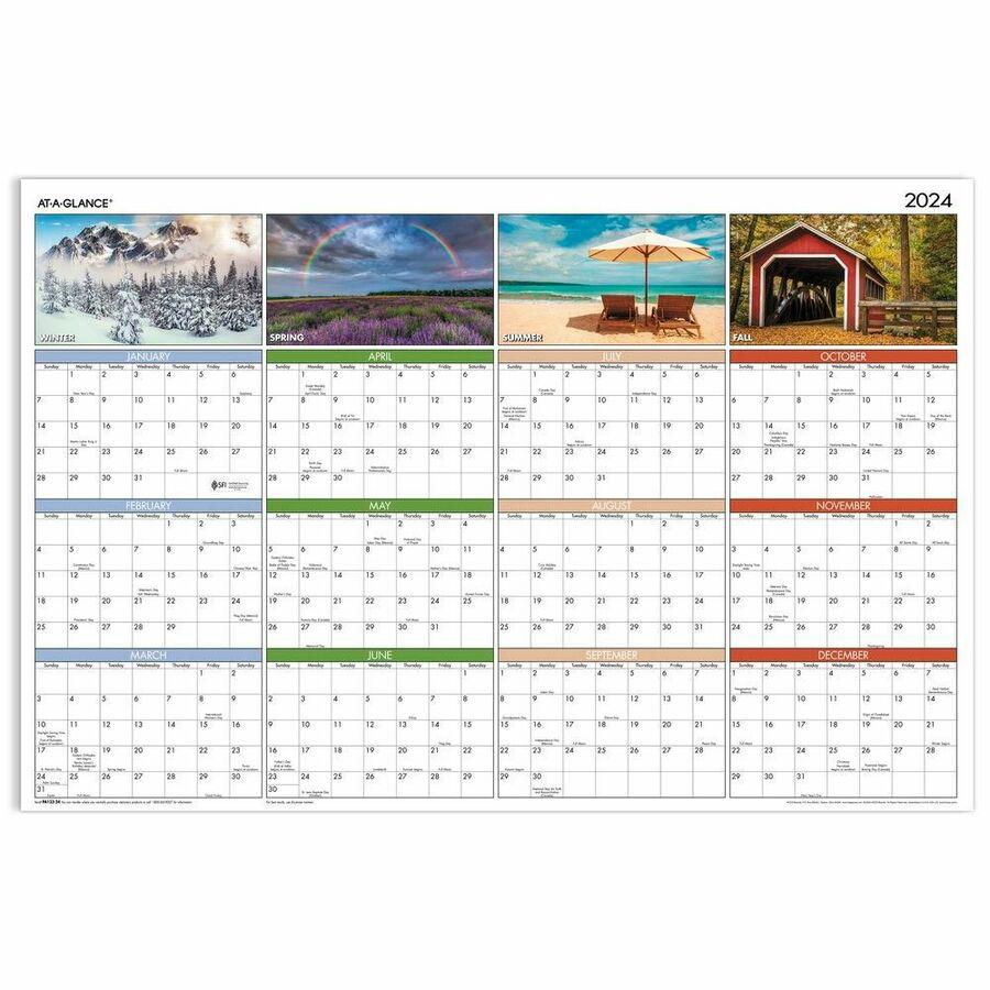 At-A-Glance Seasons in Bloom Horizontal Vertical Erasable Yearly Wall Calendar - Large Size - Yearly - 12 Month - January 2024 - December 2024 - 36" x 24" White Sheet - Multi - Laminate - Erasable, Re. Picture 2