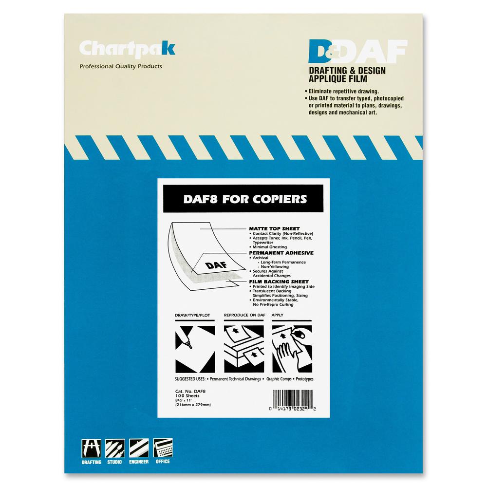 Chartpak 1.5 mil Applique Drafting Film - 100 Sheets - Letter - 8.50" x 11" - Clear - Self-adhesive - For Printer - 100 / Box. Picture 2