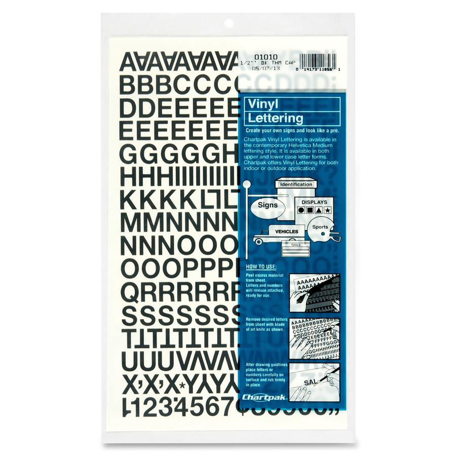 Chartpak Vinyl Helvetica Style Letters/Numbers - Self-adhesive - Helvetica Style - Easy to Use - 0.50" Height - Black - Vinyl - 201 / Pack. Picture 2