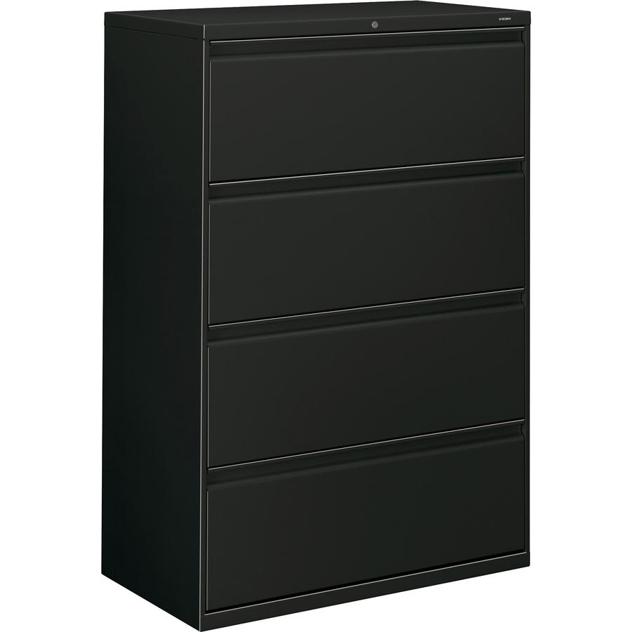 HON 800 Series Lateral File - 4-Drawer - 36" x 19.3" x 53.3" - 4 x Drawer(s) - Legal, Letter - Lateral - Security Lock - Black - Baked Enamel - Steel - Recycled. Picture 2