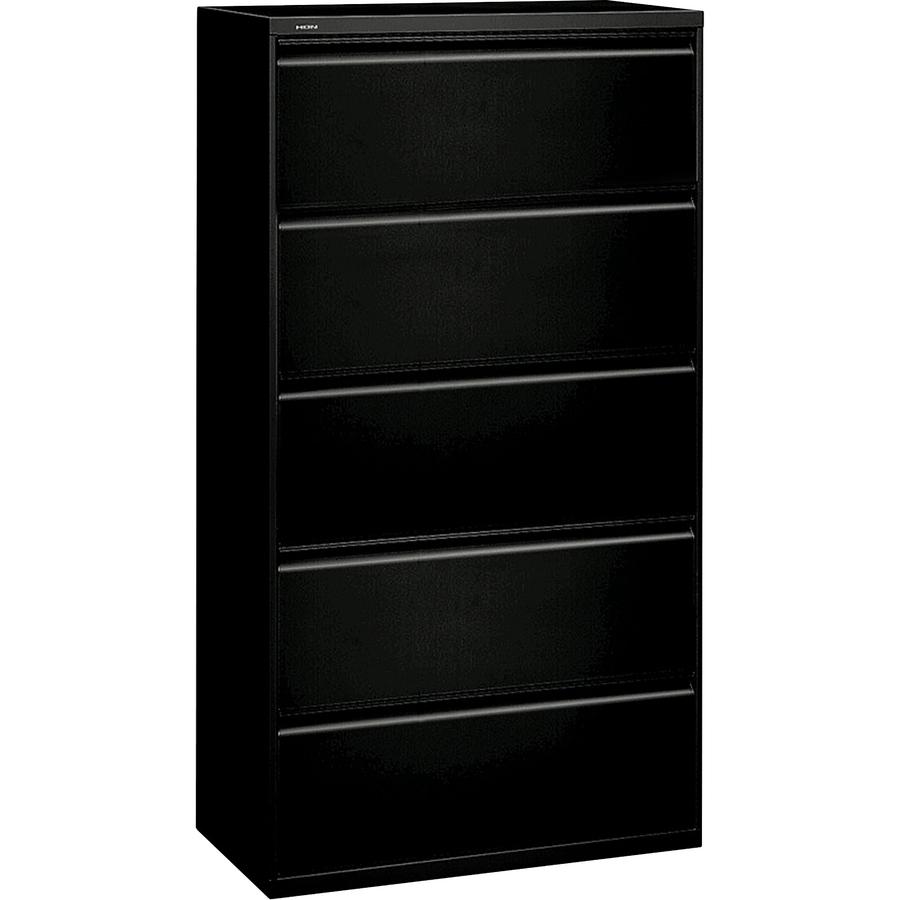 HON 800 Series Lateral File - 5-Drawer - 36" x 19.3" x 67" - 2 x Shelf(ves) - 5 x Drawer(s) - Legal, Letter - Lateral - Security Lock - Black - Baked Enamel - Steel - Recycled. Picture 3