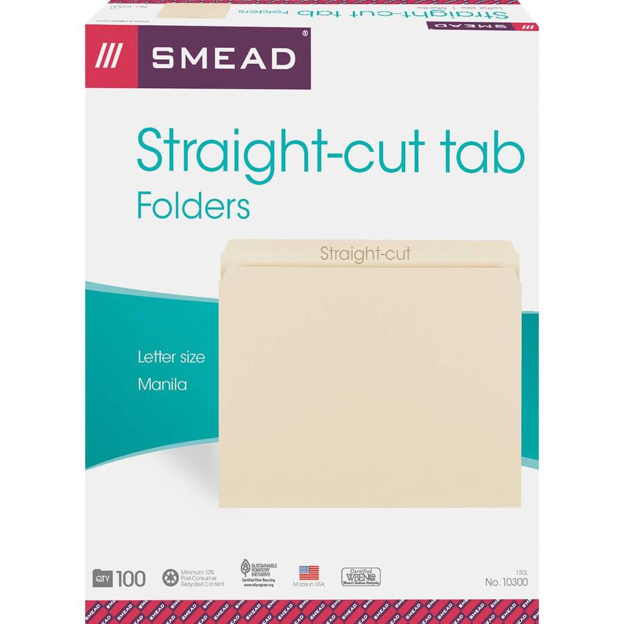 Smead Straight Tab Cut Letter Recycled Top Tab File Folder - 8 1/2" x 11" - 3/4" Expansion - Manila - Manila - 10% Recycled - 100 / Box. Picture 3