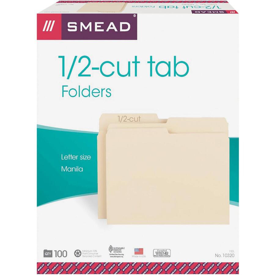 Smead 1/2 Tab Cut Letter Recycled Top Tab File Folder - 8 1/2" x 11" - 3/4" Expansion - Top Tab Location - Assorted Position Tab Position - Manila - 10% Recycled - 100 / Box. Picture 3