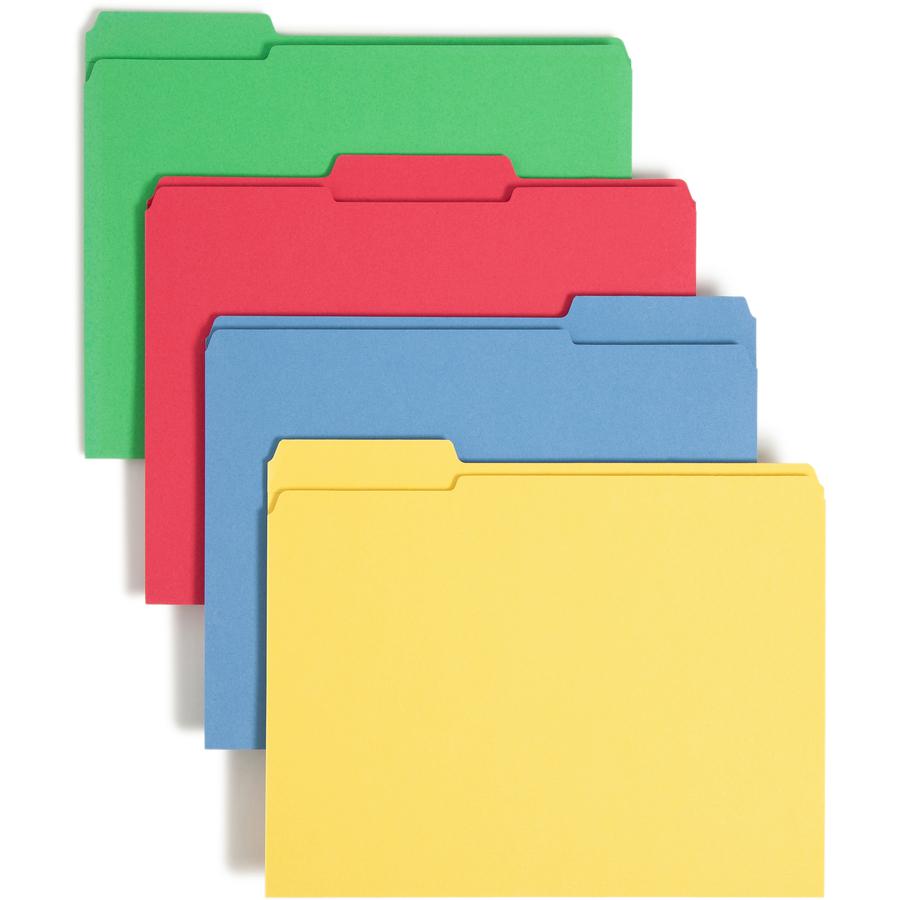 Smead Colored 1/3 Tab Cut Letter Recycled Top Tab File Folder - 8 1/2" x 11" - 3/4" Expansion - Top Tab Location - Assorted Position Tab Position - Blue, Green, Red, Yellow - 10% Recycled - 12 / Pack. Picture 7