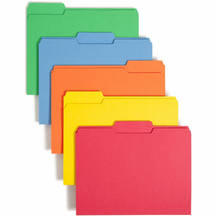Smead 1/3 Tab Cut Letter Recycled Top Tab File Folder - 8 1/2" x 11" - 3/4" Expansion - Top Tab Location - Assorted Position Tab Position - Blue, Green, Orange, Red, Yellow - 10% Recycled - 100 / Box. Picture 9