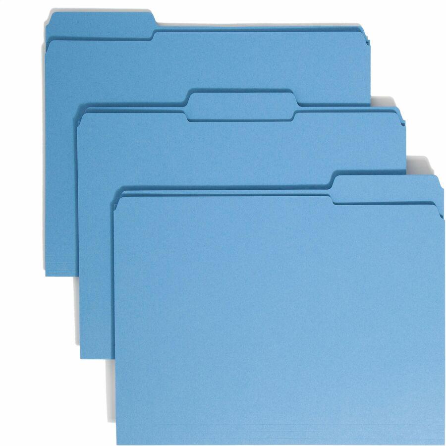 Smead Colored 1/3 Tab Cut Letter Recycled Top Tab File Folder - 8 1/2" x 11" - 3/4" Expansion - Top Tab Location - Assorted Position Tab Position - Blue - 10% Recycled - 100 / Box. Picture 8