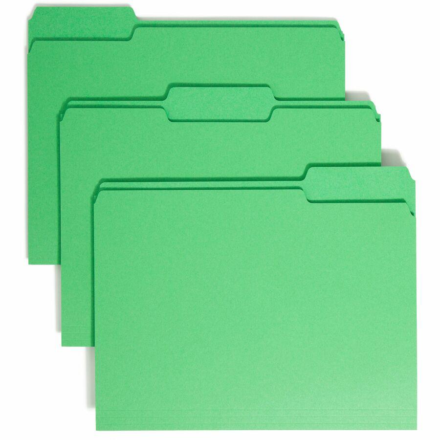 Smead Colored 1/3 Tab Cut Letter Recycled Top Tab File Folder - 8 1/2" x 11" - 3/4" Expansion - Top Tab Location - Assorted Position Tab Position - Green - 10% Recycled - 100 / Box. Picture 9