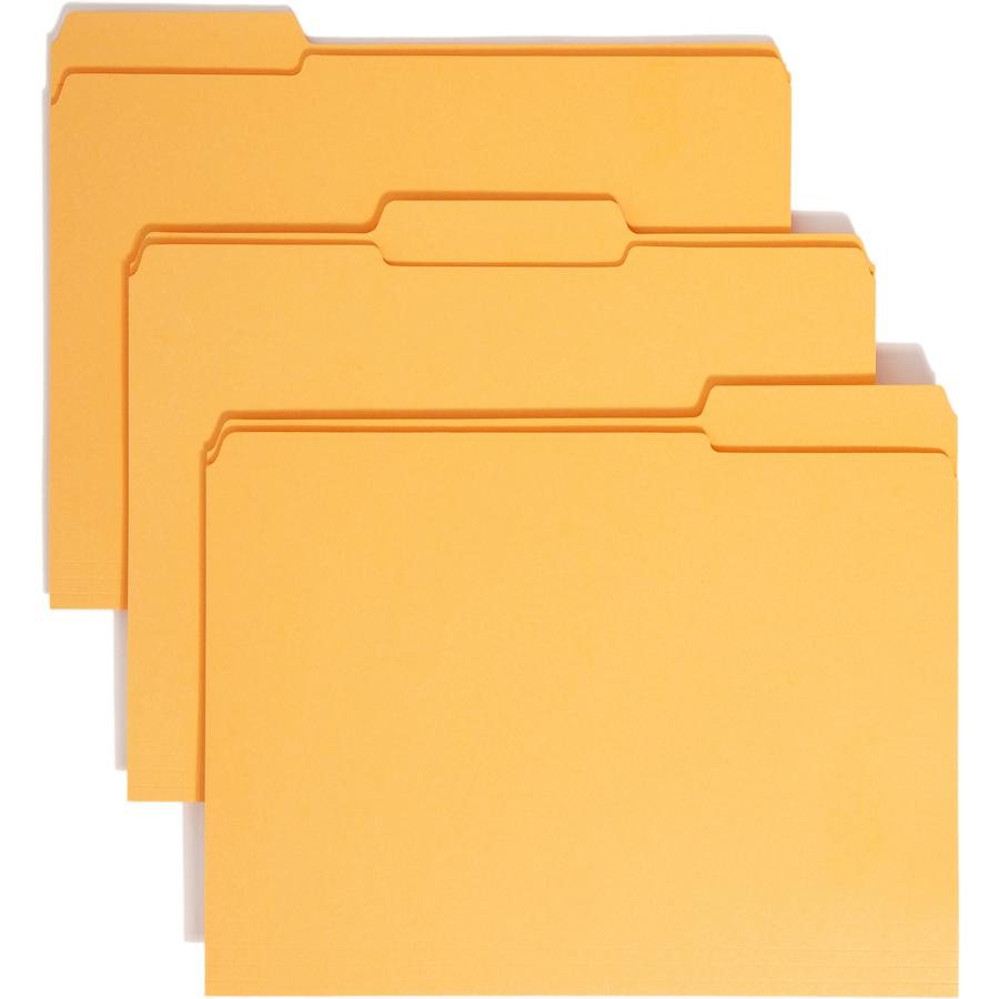 Smead Colored 1/3 Tab Cut Letter Recycled Top Tab File Folder - 8 1/2" x 11" - 3/4" Expansion - Top Tab Location - Assorted Position Tab Position - Goldenrod - 10% Recycled - 100 / Box. Picture 2