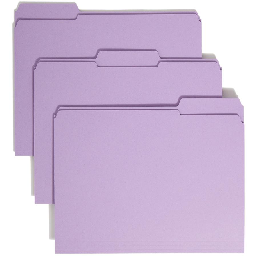 Smead Colored 1/3 Tab Cut Letter Recycled Top Tab File Folder - 8 1/2" x 11" - 3/4" Expansion - Top Tab Location - Assorted Position Tab Position - Lavender - 10% Recycled - 100 / Box. Picture 9