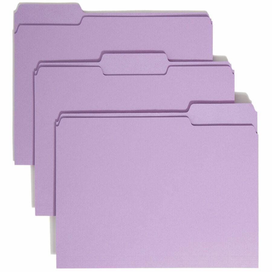 Smead Colored 1/3 Tab Cut Letter Recycled Top Tab File Folder - 8 1/2" x 11" - 3/4" Expansion - Top Tab Location - Assorted Position Tab Position - Lavender - 10% Recycled - 100 / Box. Picture 11