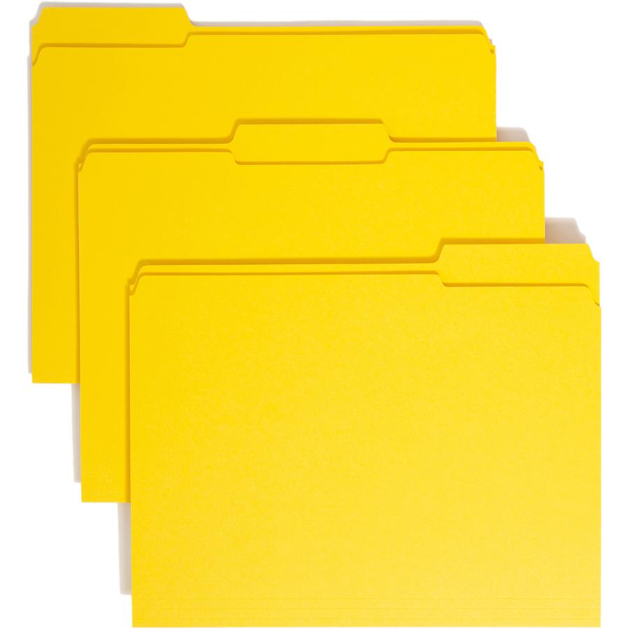 Smead Colored 1/3 Tab Cut Letter Recycled Top Tab File Folder - 8 1/2" x 11" - Top Tab Location - Assorted Position Tab Position - Yellow - 10% Recycled - 100 / Box. Picture 2