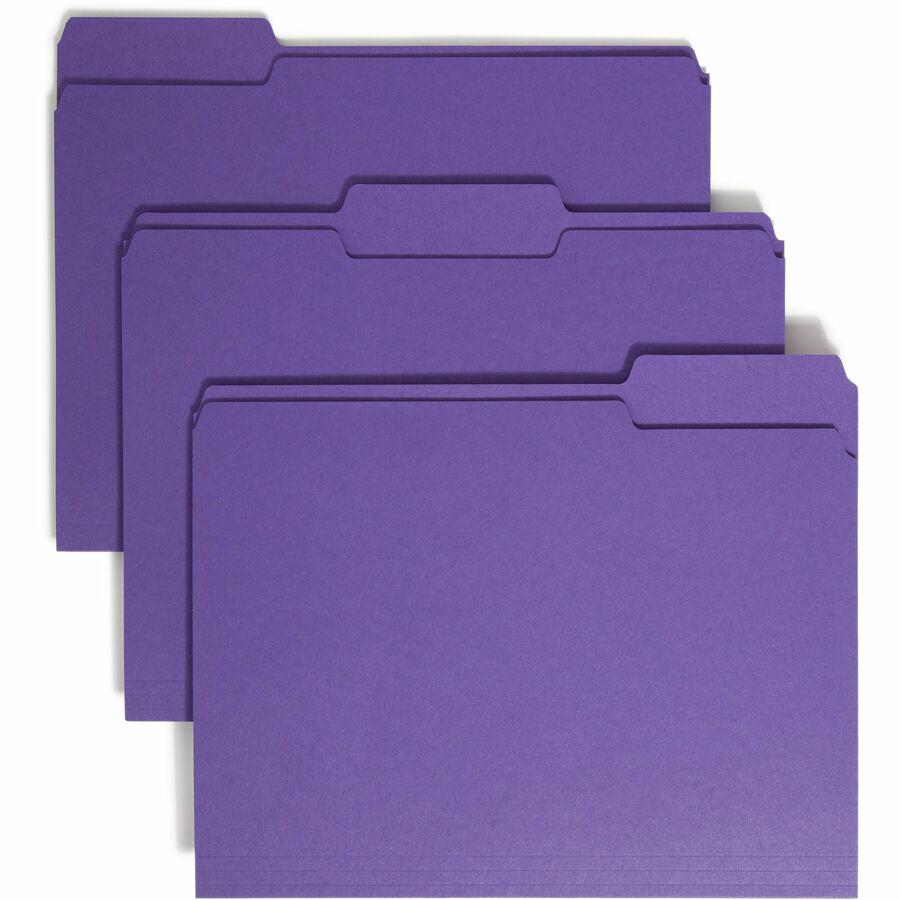 Smead Colored 1/3 Tab Cut Letter Recycled Top Tab File Folder - 8 1/2" x 11" - 3/4" Expansion - Top Tab Location - Assorted Position Tab Position - Purple - 10% Recycled - 100 / Box. Picture 10