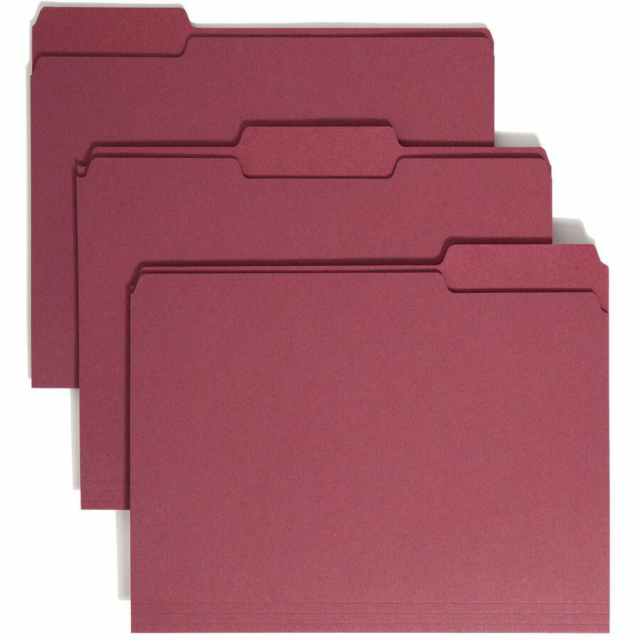 Smead Colored 1/3 Tab Cut Letter Recycled Top Tab File Folder - 8 1/2" x 11" - 3/4" Expansion - Top Tab Location - Assorted Position Tab Position - Maroon - 10% Recycled - 100 / Box. Picture 10