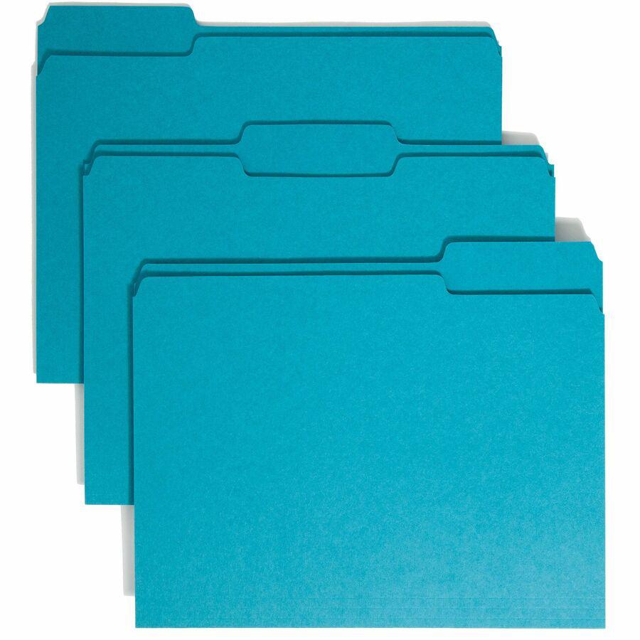 Smead Colored 1/3 Tab Cut Letter Recycled Top Tab File Folder - 8 1/2" x 11" - 3/4" Expansion - Top Tab Location - Assorted Position Tab Position - Teal - 10% Recycled - 100 / Box. Picture 10
