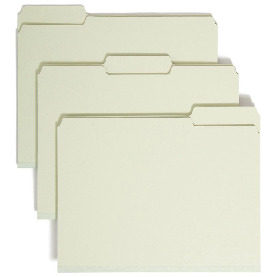 Smead 1/3 Tab Cut Letter Recycled Top Tab File Folder - 8 1/2" x 11" - 1" Expansion - Top Tab Location - Assorted Position Tab Position - Pressboard - Gray, Green - 60% Recycled - 25 / Box. Picture 5