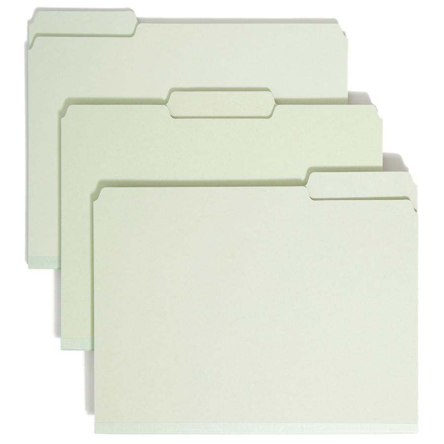 Smead 1/3 Tab Cut Letter Recycled Top Tab File Folder - 8 1/2" x 11" - 2" Expansion - Top Tab Location - Assorted Position Tab Position - Pressboard - Gray, Green - 100% Recycled - 25 / Box. Picture 9