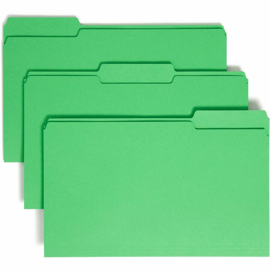 Smead Colored 1/3 Tab Cut Legal Recycled Top Tab File Folder - 8 1/2" x 14" - 3/4" Expansion - Top Tab Location - Assorted Position Tab Position - Green - 10% Recycled - 100 / Box. Picture 2