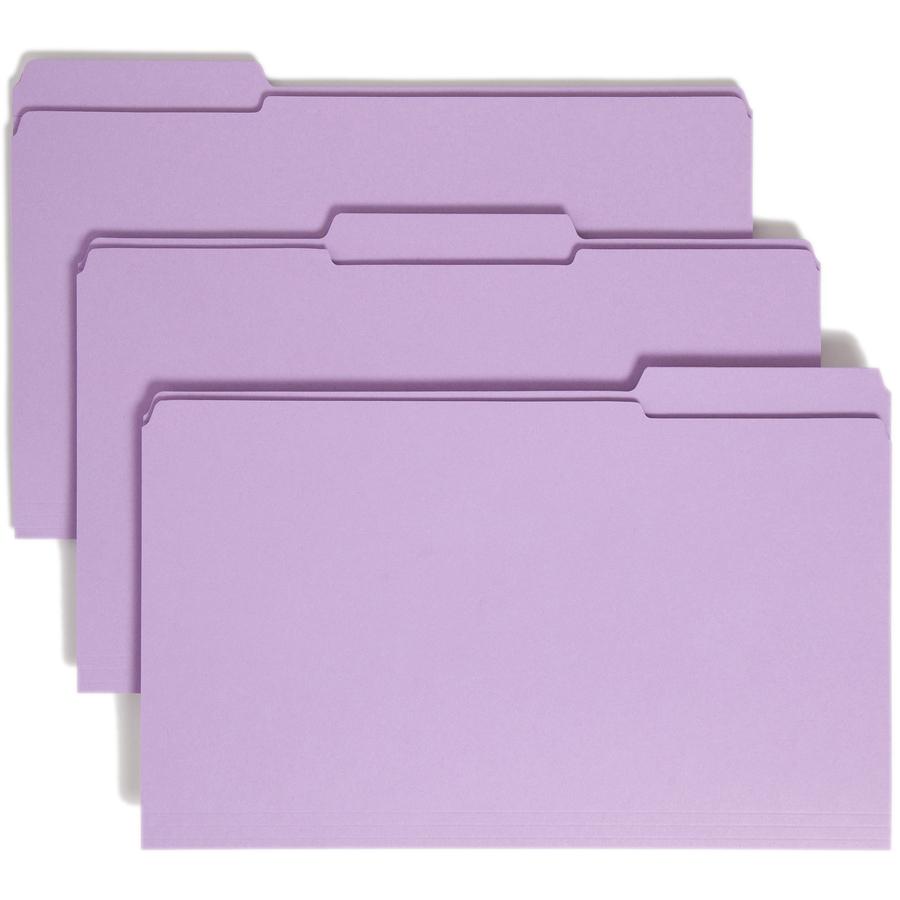 Smead Colored 1/3 Tab Cut Legal Recycled Top Tab File Folder - 8 1/2" x 14" - 3/4" Expansion - Top Tab Location - Assorted Position Tab Position - Lavender - 10% Recycled - 100 / Box. Picture 6