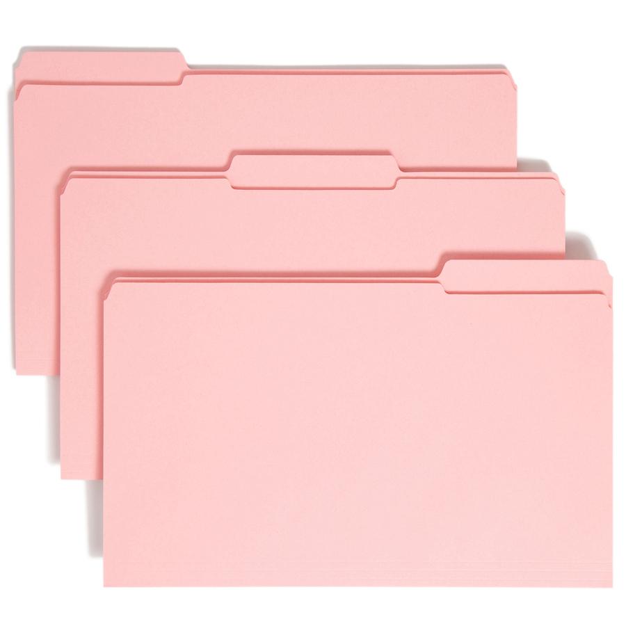 Smead Colored 1/3 Tab Cut Legal Recycled Top Tab File Folder - 8 1/2" x 14" - 3/4" Expansion - Top Tab Location - Assorted Position Tab Position - Pink - 10% Recycled - 100 / Box. Picture 4