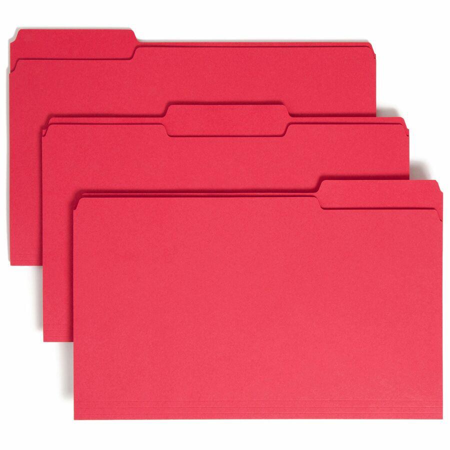 Smead Colored 1/3 Tab Cut Legal Recycled Top Tab File Folder - 8 1/2" x 14" - 3/4" Expansion - Top Tab Location - Assorted Position Tab Position - Red - 10% Recycled - 100 / Box. Picture 2