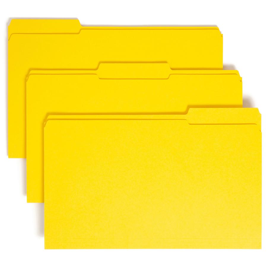 Smead Colored 1/3 Tab Cut Legal Recycled Top Tab File Folder - 8 1/2" x 14" - 3/4" Expansion - Top Tab Location - Assorted Position Tab Position - Yellow - 10% Recycled - 100 / Box. Picture 6