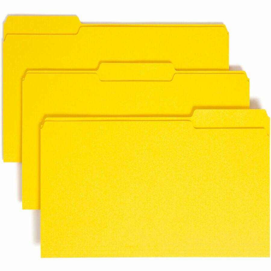 Smead Colored 1/3 Tab Cut Legal Recycled Top Tab File Folder - 8 1/2" x 14" - 3/4" Expansion - Top Tab Location - Assorted Position Tab Position - Vinyl - Yellow - 10% Recycled - 100 / Box. Picture 10