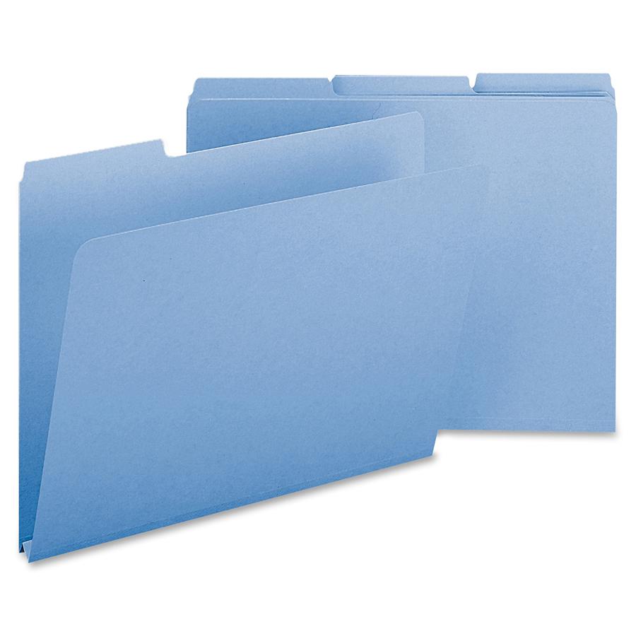 Smead Colored 1/3 Tab Cut Letter Recycled Top Tab File Folder - 8 1/2" x 11" - 1" Expansion - Top Tab Location - Assorted Position Tab Position - Pressboard - Blue - 100% Recycled - 25 / Box. Picture 5