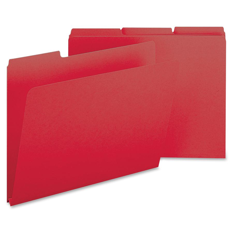 Smead Colored 1/3 Tab Cut Letter Recycled Top Tab File Folder - 8 1/2" x 11" - 1" Expansion - Top Tab Location - Assorted Position Tab Position - Pressboard - Bright Red - 100% Recycled - 25 / Box. Picture 4