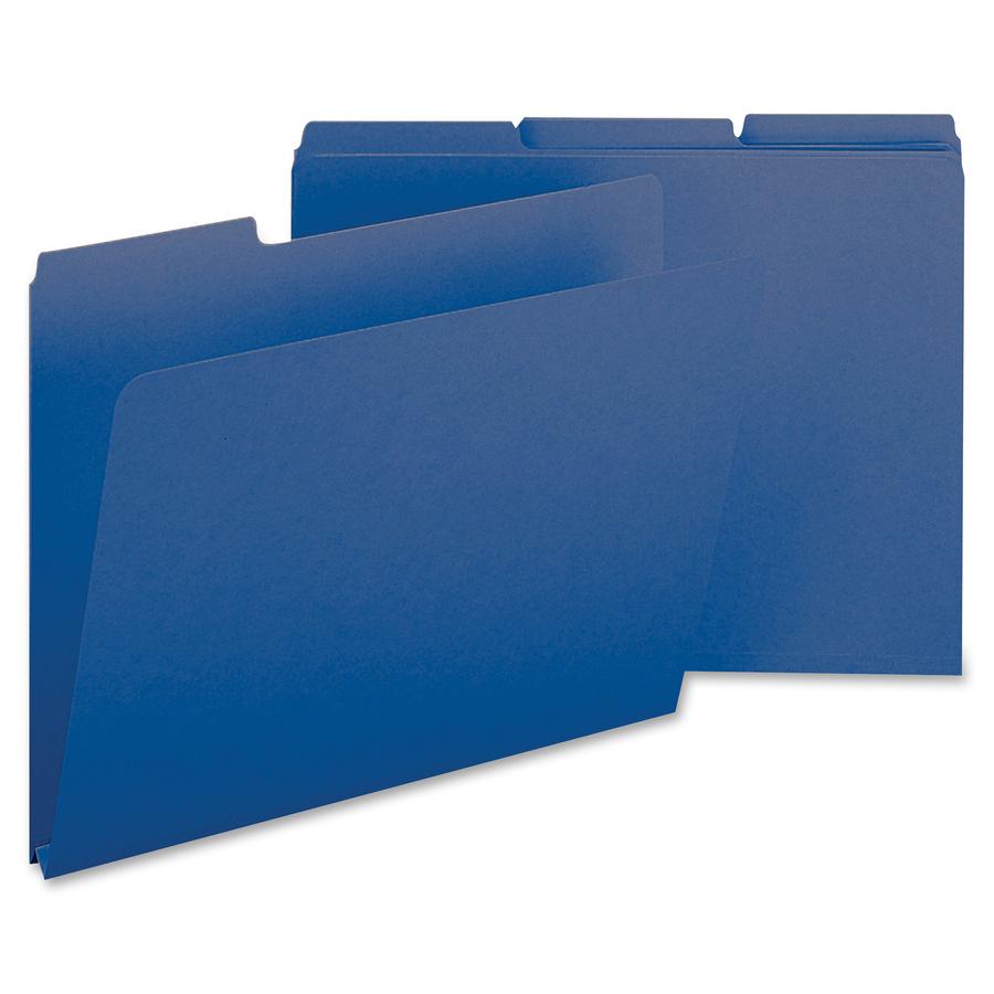 Smead Colored 1/3 Tab Cut Letter Recycled Top Tab File Folder - 8 1/2" x 11" - 1" Expansion - Top Tab Location - Assorted Position Tab Position - Pressboard - Dark Blue - 100% Recycled - 25 / Box. Picture 9