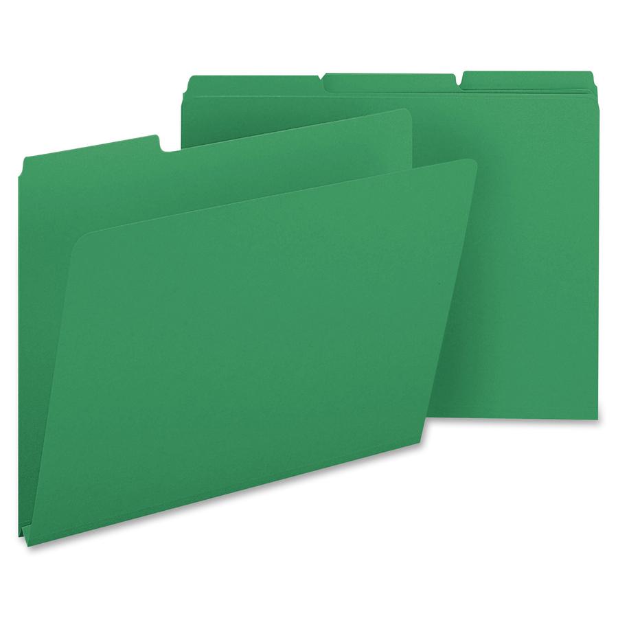 Smead Colored 1/3 Tab Cut Letter Recycled Top Tab File Folder - 8 1/2" x 11" - 1" Expansion - Top Tab Location - Assorted Position Tab Position - Pressboard - Green - 100% Recycled - 25 / Box. Picture 4