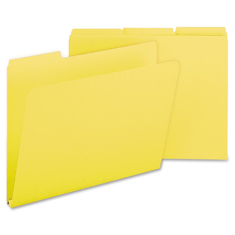Smead Colored 1/3 Tab Cut Letter Recycled Top Tab File Folder - 8 1/2" x 11" - 1" Expansion - Top Tab Location - Assorted Position Tab Position - Pressboard - Yellow - 100% Recycled - 25 / Box. Picture 10