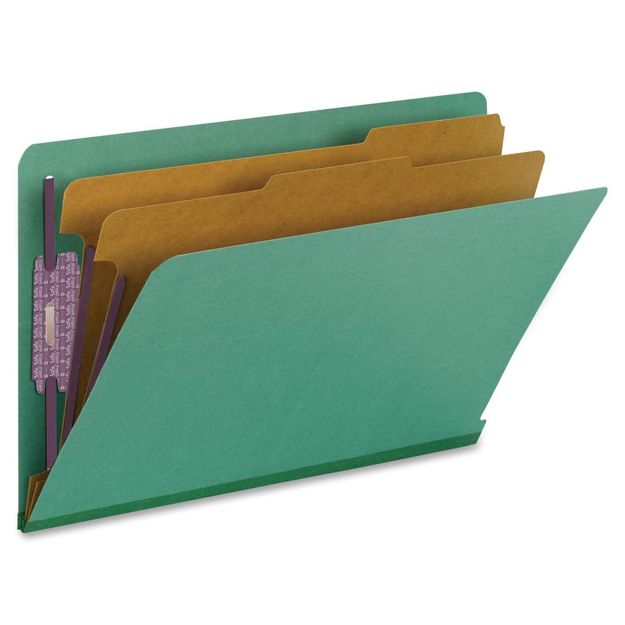 Smead 1/3 Tab Cut Legal Recycled Classification Folder - 8 1/2" x 14" - 2" Expansion - 2 x 2S Fastener(s) - 2" Fastener Capacity for Folder - End Tab Location - 2 Divider(s) - Pressboard - Green - 50%. Picture 8