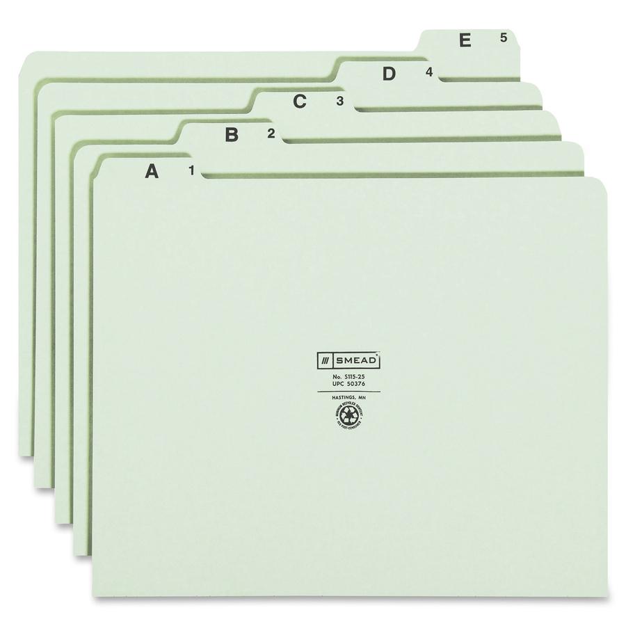 Smead 1/5 Tab Cut Letter Recycled Top Tab File Folder - 8 1/2" x 11" - Assorted Position Tab Position - Pressboard - Green - 100% Recycled - 25 / Set. Picture 4