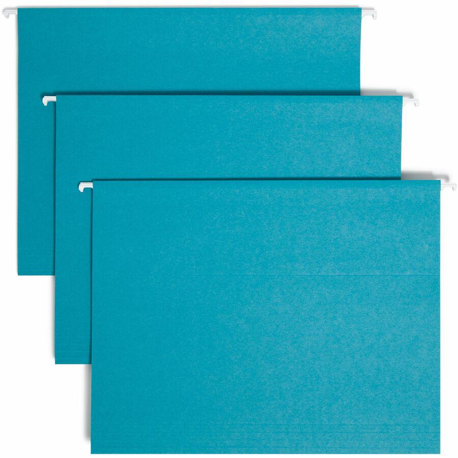 Smead Colored 1/5 Tab Cut Letter Recycled Hanging Folder - 8 1/2" x 11" - Top Tab Location - Assorted Position Tab Position - Vinyl - Teal - 10% Recycled - 25 / Box. Picture 9
