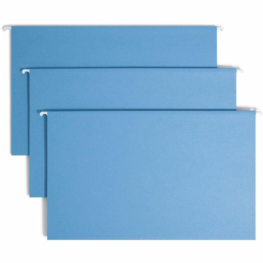 Smead Colored 1/5 Tab Cut Legal Recycled Hanging Folder - 8 1/2" x 14" - Top Tab Location - Assorted Position Tab Position - Vinyl - Blue - 10% Recycled - 25 / Box. Picture 9