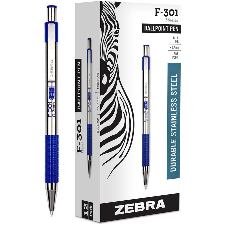 Zebra Pen BCA F-301 Stainless Steel Ballpoint Pens - Fine Pen Point - 0.7 mm Pen Point Size - Refillable - Retractable - Blue - Stainless Steel Stainless Steel Barrel - 12 / Dozen. Picture 2
