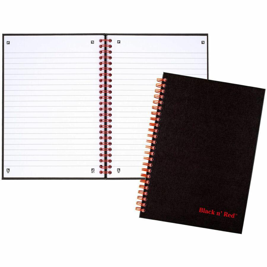 Black n' Red Wirebound Ruled Notebook - A5 - 70 Sheets - Wire Bound - 24 lb Basis Weight - 5 7/8" x 8 1/4" - White Paper - Red Binder - Black Cover - Perforated, Wipe-clean Cover, Laminated, Pocket - . Picture 3