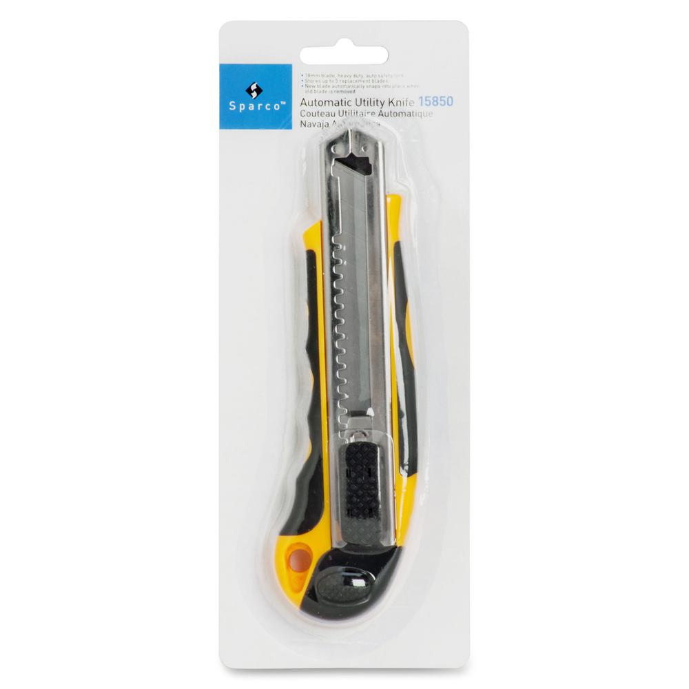 Sparco Automatic Utility Knife - Metal Blade - Heavy Duty - Acrylonitrile Butadiene Styrene (ABS) - Black, Yellow - 1 Each. Picture 9