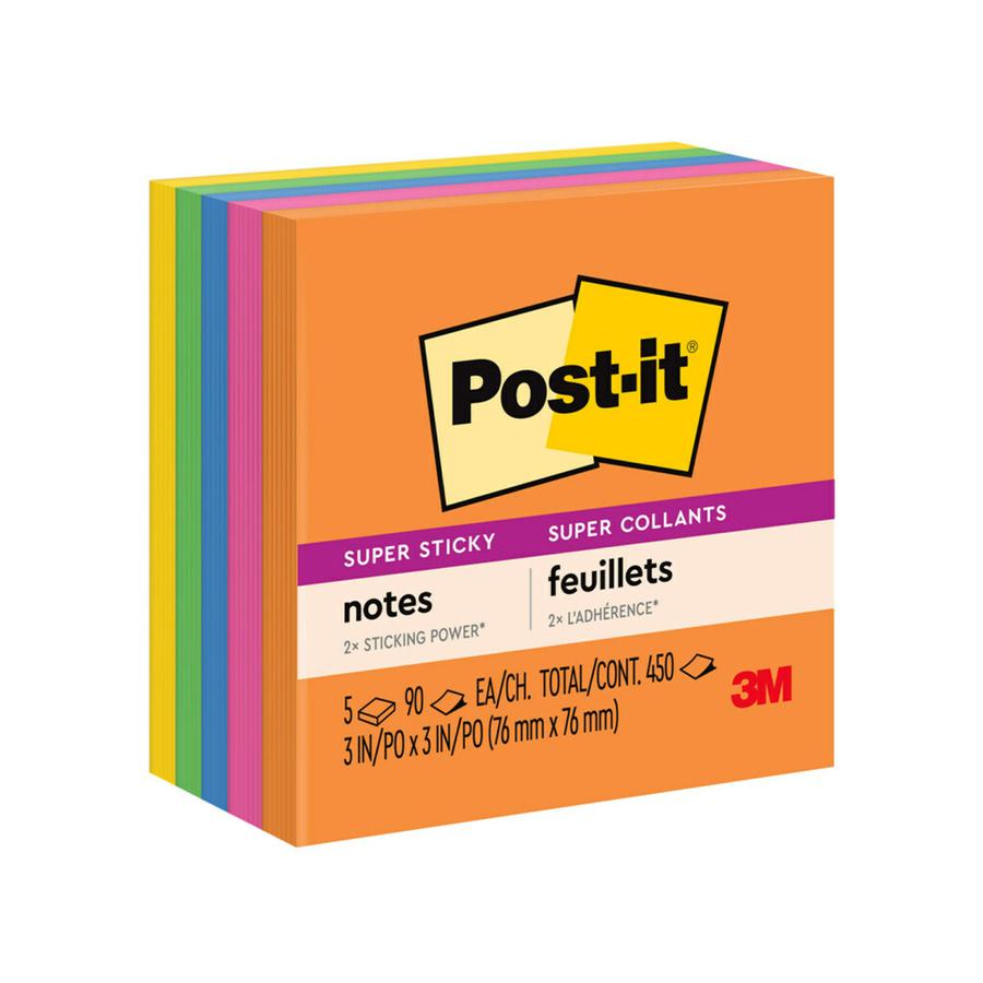 Post-it&reg; Super Sticky Notes - Energy Boost Color Collection - 450 - 3" x 3" - Square - 90 Sheets per Pad - Unruled - Vital Orange, Tropical Pink, Sunnyside, Blue Paradise, Limeade - Paper - Self-a. Picture 4