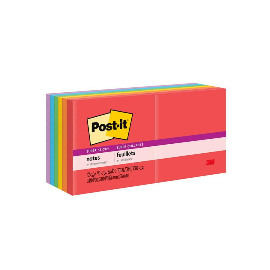 Post-it&reg; Super Sticky Notes - Playful Primaries Color Collection - 1080 - 3" x 3" - Square - 90 Sheets per Pad - Unruled - Candy Apple Red, Vital Orange, Sunnyside, Lucky Green, Blue Paradise, Iri. Picture 8
