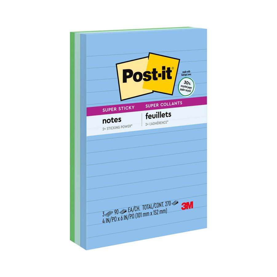 Post-it&reg; Super Sticky Notes - Oasis Color Collection - 270 - 4" x 6" - Rectangle - 90 Sheets per Pad - Ruled - Washed Denim, Fresh Mint, Lucky Green - Paper - Self-adhesive - 3 / Pack. Picture 4