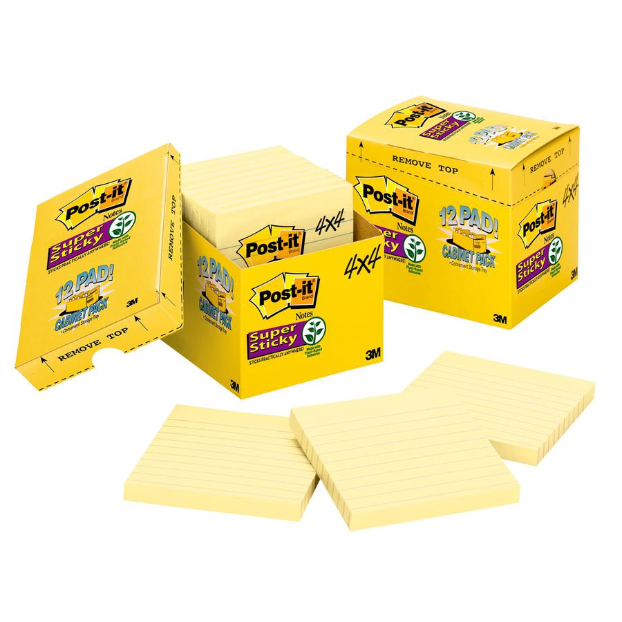Post-it&reg; Super Sticky Lined Notes Cabinet Pack - 1080 - 4" x 4" - Square - 90 Sheets per Pad - Ruled - Canary Yellow - Paper - Self-adhesive, Repositionable - 12 / Pack. Picture 5