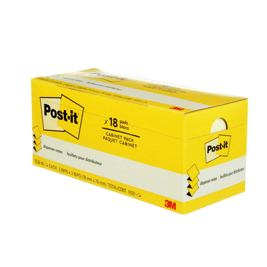 Post-it&reg; Dispenser Notes - 1620 - 3" x 3" - Square - 90 Sheets per Pad - Unruled - Canary Yellow - Paper - Self-adhesive, Removable - 18 / Pack. Picture 10