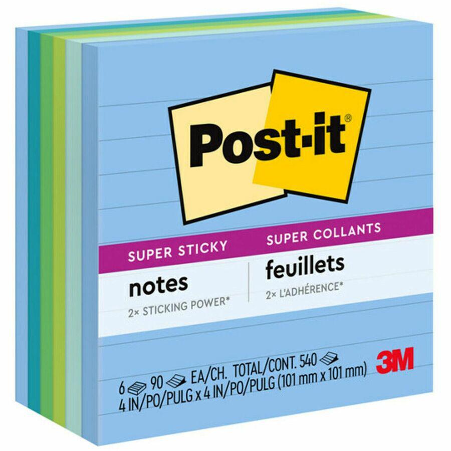 Post-it&reg; Super Sticky Lined Notes - Oasis Color Collection - 540 - 4" x 4" - Square - 90 Sheets per Pad - Ruled - Washed Denim, Fresh Mint, Limeade, Lucky Green, Sea Glass - Paper - Self-adhesive . Picture 3