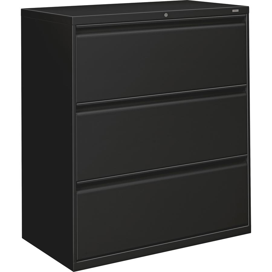 HON Lateral Files - 3-Drawer - 36" x 19.3" x 40.9" - 3 x Drawer(s) for File - Lateral - Black - Baked Enamel - Steel - Recycled. Picture 3