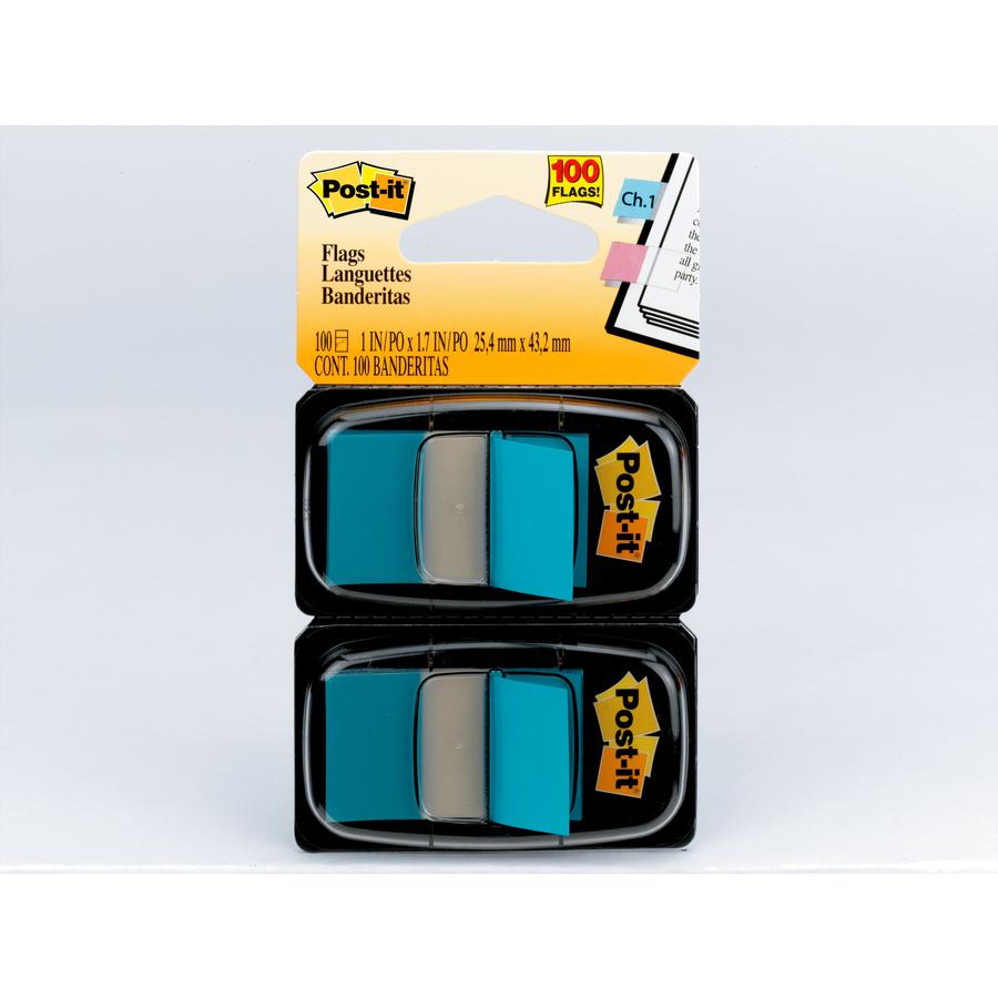 Post-it&reg; Flags - 2 Dispensers - 100 x Blue - 1" x 1.75" - Rectangle - Unruled - Blue - Removable, Tab - 100 / Pack. Picture 3
